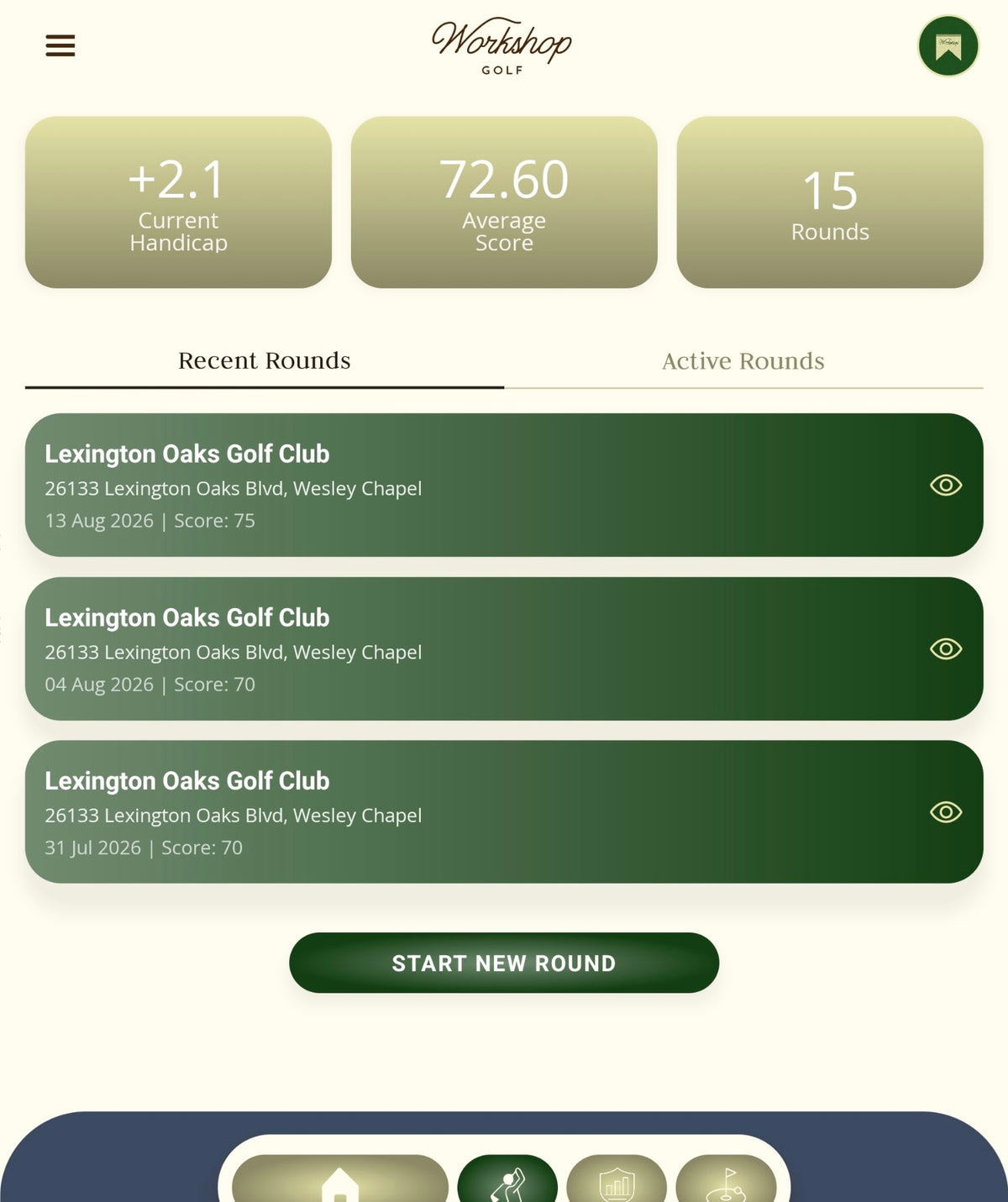 Workshop Golf performance dashboard with recent rounds and scoring summary