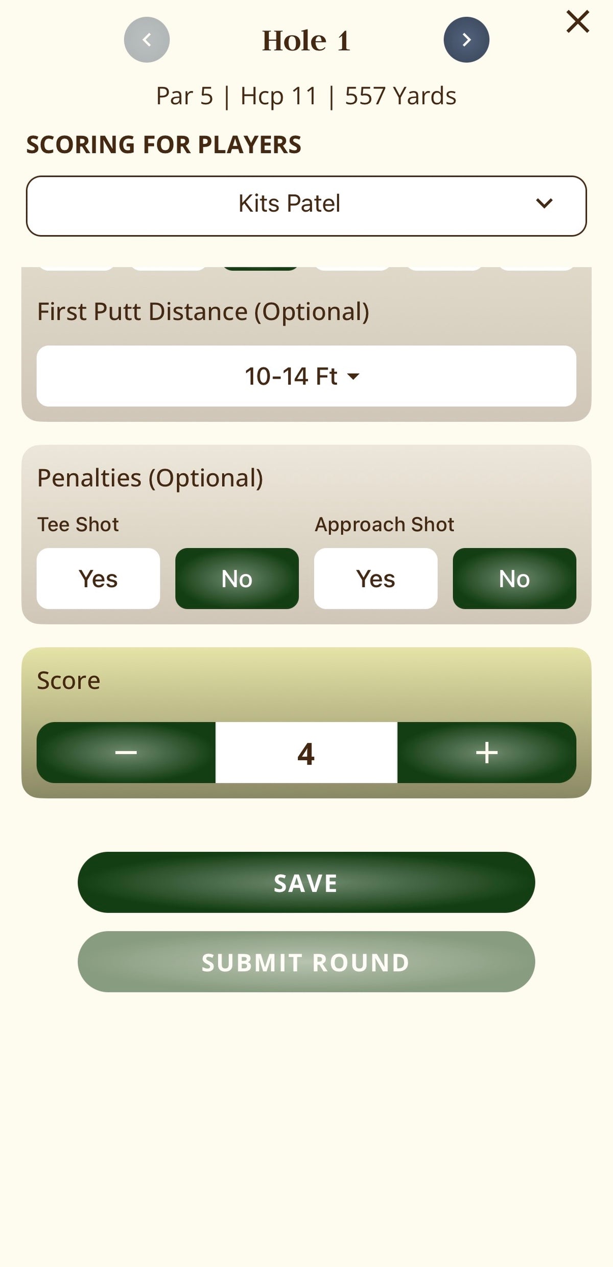Workshop Golf in-round stat entry screen